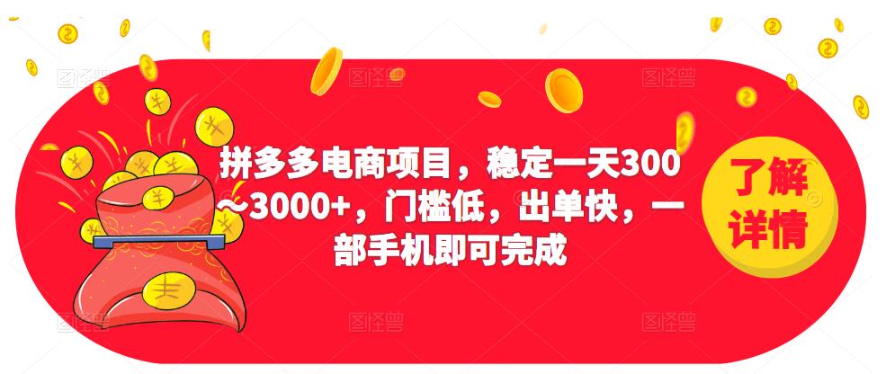 2023拼多多电商项目，稳定一天300～3000+，门槛低，出单快，一部手机即可完成-启程资源站