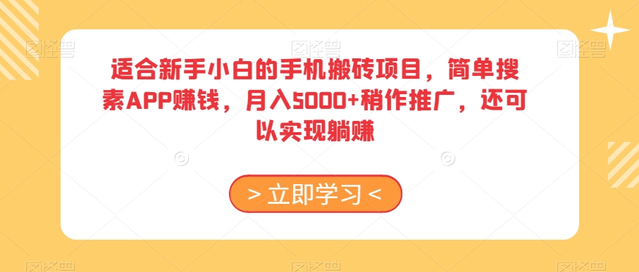 适合新手小白的手机搬砖项目，简单搜素APP赚钱，月入5000+稍作推广，还可以实现躺赚【揭秘】-启程资源站