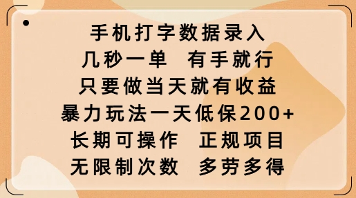 手机打字数据录入，几秒一单，有手就行，只要做当天就有收益，暴力玩法一天低保2张-启程资源站